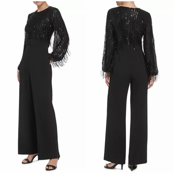 Eliza J Pants - Eliza J Sequin Fringe Long Sleeve Jumpsuit Black 8 Evening Black Tie